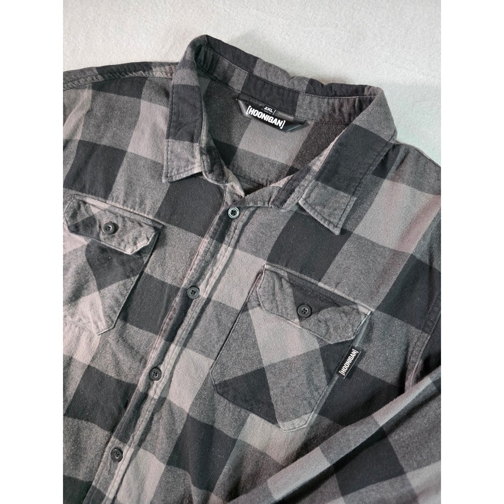 Hoonigan Mens Grey Black Buffalo Plaid Flannel Button Down Shirt 2XL Logo Print